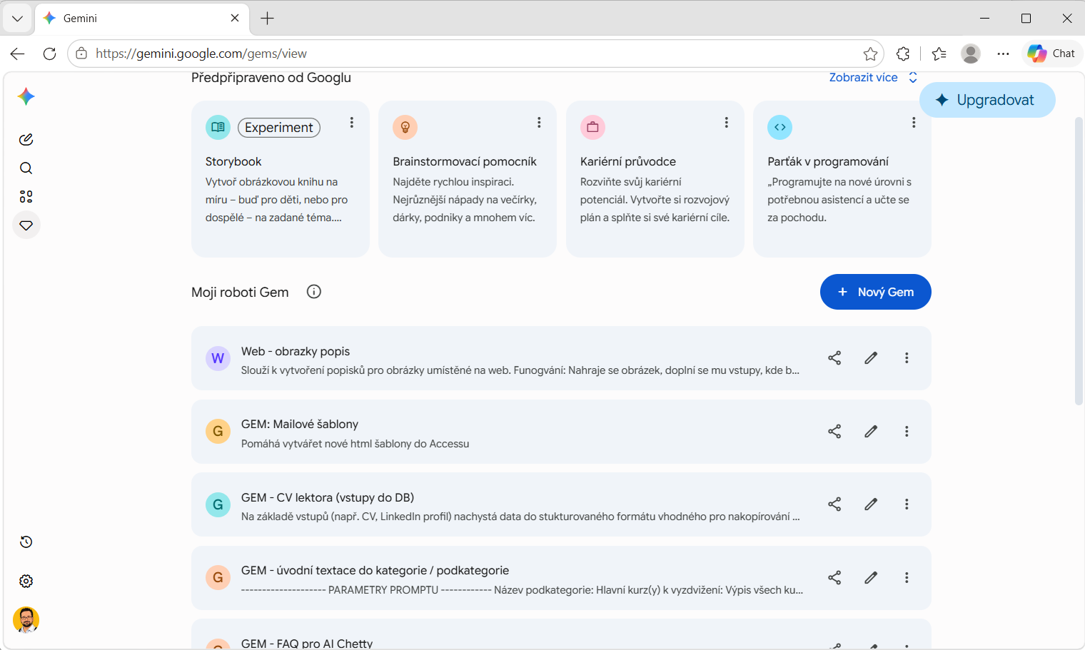 Rozhraní správce robotů Gem v Google Gemini se seznamem vlastních AI asistentů a tlačítkem pro nový Gem.