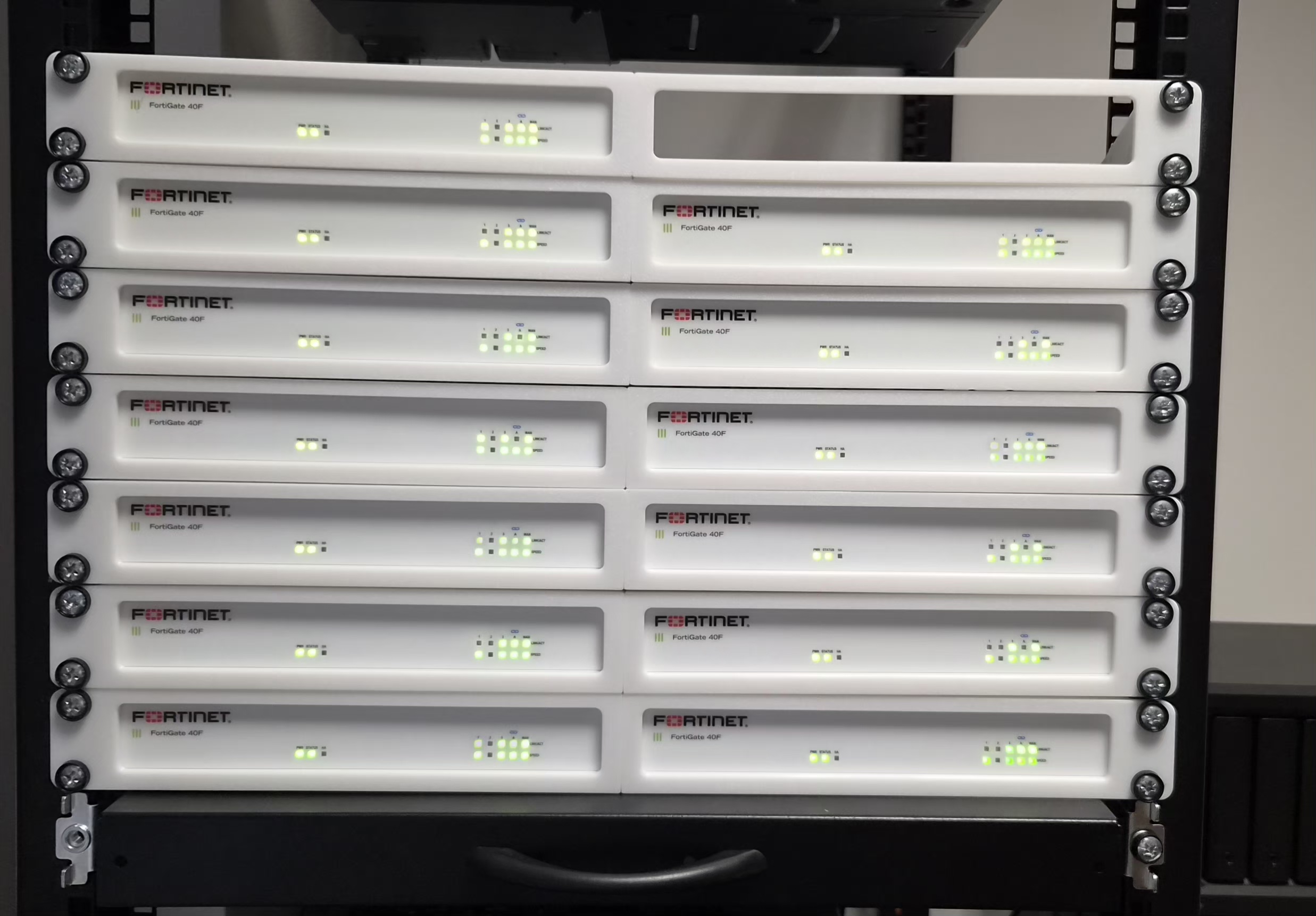 Fyzické hardwarové firewally Fortinet FortiGate namontované v serverovém racku.